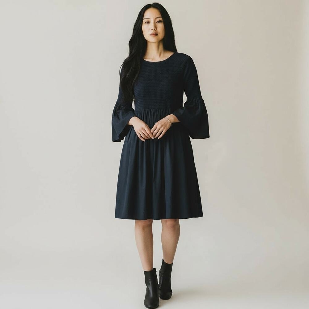 M. Patmos Stella Dress Women's Sz S Navy Cotton Smocked Bell Sleeve Boho Chic